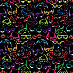 Naklejka premium Seamless pattern with Colorful sunglasses icon isolated on black