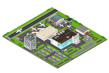 Isometric Airport icon.

Vector illustration of a busy airport with aircraft hangars and runway. 