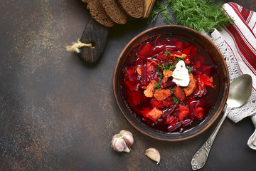 Borsch - beetroot soup,traditional dish of ukrainian cuisine.Top