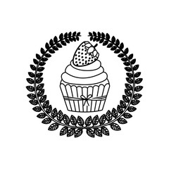 silhouette crown of leaves with cupcake with cream and strawberry vector illustration