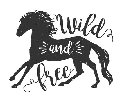 Vector running horse silhouette with text. Inspirational design for print, banner, poster. Wild and free galloping horse