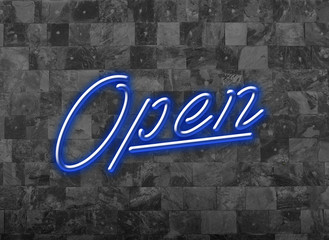 Open Sign in Glooming Blue Neon Font on a dark Wall