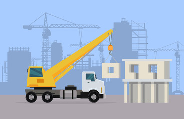 Truck Crane on Background of Building Area. Vector