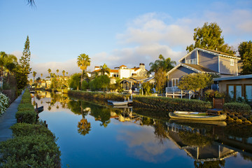 Fototapeta na wymiar Reflection on channels in Venice Beach, Los Angeles, California