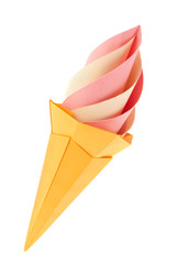 Fruit pink and vanilla ice-cream in waffle cone of origami