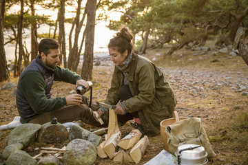Couple camping  in forest
