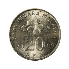 20 malaysian sen coin (2006) obverse isolated on white backgroun © Henning Marquardt