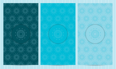 Set of flyers in blue color. Collection of business templates, seamless patterns in islamic, eatern, ornate style decorated with mandala.