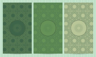 Set of flyers in green color. Collection of business templates, seamless patterns in islamic, eatern, ornate style decorated with mandala.