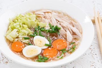 Chinese soup with glass noodles, vegetables and chicken, closeup