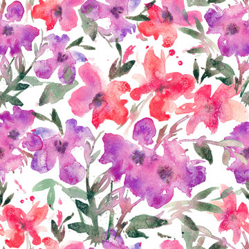 Watercolor seamless pattern with bright loose flowers on white background.