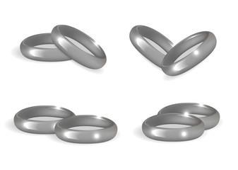 Realistic wedding silver rings set. 3d wedding bands collection isolated on white background. Vector illustration