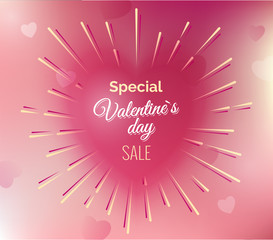 Special Valentines Day Sale banner, on pink blurred abstract background with blurred hearts. Vector illustration