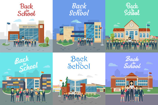 Back to School. Icons with Different Building Type
