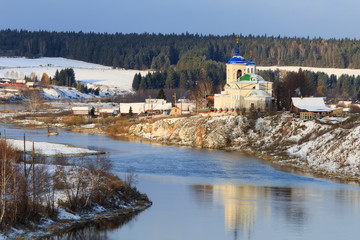 orthodox church, russian church, first snow in village, building