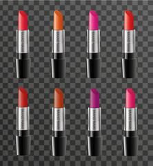 Realistic lipstick package template for your design. Rouge tube mock-up product on a transparent background. Cosmetics 3d flacon. Vector illustration