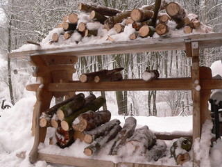 Wood for heating in winter,snowy wood on the table