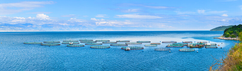 Sea fish farm. Cages for fish farming dorado and seabass. The workers feed the fish a forage. Seascape panoramic photography.
