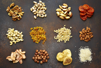 Assortment of nuts,dried fruits and seeds.Concept of healthy sna