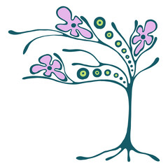 Naklejka premium Vector hand drawn illustration, decorative ornamental stylized tree. Hand drawing colorful artistic silhouette. Graphic vector illustration. Decorative artistic ornamental wood