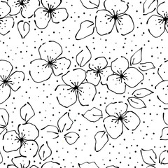 Seamless vector hand drawn seamless floral pattern. Background with flowers, leaves. Decorative graphic vector drawn illustration. Line drawing