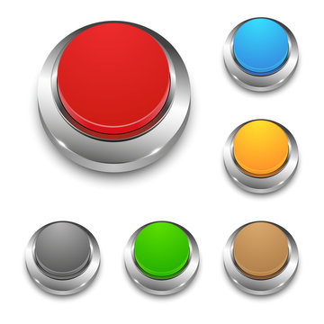 Set of colored vector 3d round web buttons with metal frame, isolated on white