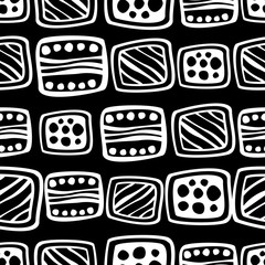 Seamless vector pattern. Black and white hand drawn endless background with ornamental decorative elements with ethnic, traditional motives. Series of Hand Drawn Ornamental Seamless vector Patterns