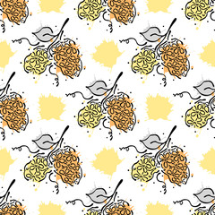 Vector seamless floral pattern with flowers, leaves, decorative elements, splash, blots, drop Hand drawn contour lines and strokes Doodle sketch style, graphic vector drawing illustration