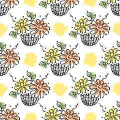 Rolgordijnen Vector seamless floral pattern with flowers, leaves, decorative elements, splash, blots, drop Hand drawn contour lines and strokes Doodle sketch style, graphic vector drawing illustration © Valentain Jevee