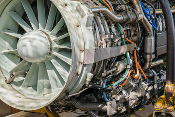 Military fighter Jet engine inside - Airplane gas turbine engine detail - Plane rotor under heavy...