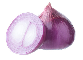 Slice of red onion isolated on white background.