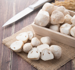 Straw mushrooms on wooden