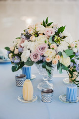 Closeup bouquet flowers rose delphinium wedding