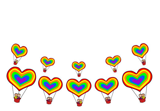 Homosexual Couple in Rainbow Heart Balloons Happy Valentines