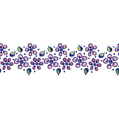 Seamless vector hand drawn floral pattern, endless border Colorful frame with flowers, leaves. Decorative cute graphic line drawing illustration. Print for wrapping, background, fabric, decor, textile