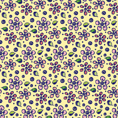 Seamless vector hand drawn floral pattern. Colorful background with flowers, leaves, dots. Decorative cute graphic line drawing illustration. Print for wrapping, background, fabric, decor, textile