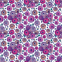 Fototapeta premium Seamless vector hand drawn floral pattern. Colorful background with flowers, leaves, dots. Decorative cute graphic line drawing illustration. Print for wrapping, background, fabric, decor, textile