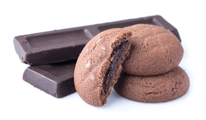 Chocolate cookies with chocolate pieces on the white background