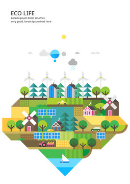 Abstract illustrations - Ecologically clean nature, the modern city and detached production. Transport. Renewable energy. Ecosystem infographics