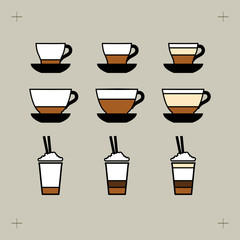 Coffee cups key line vector graphic style