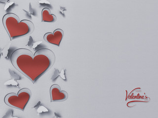 paper butterflies and hearts , happy valentine's day - 3D romantic card / background ( love , butterfly , heart , valentine )