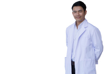 Friendly smiling young male doctor who wear white gown on white background