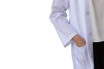 Close up of doctor wear white coat on white background