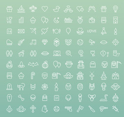 Set of 100 Isolated Minimal Modern Simple Elegant White Stroke Icons on Color Background ( Valentine's Day , Halloween and Scary Elements )