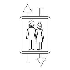 monochrome contour with double sign arrow with man with beard and woman with collected hair vector illustration