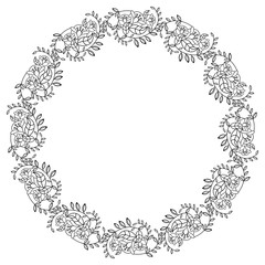 Elegant round frame with contours of flowers.  Raster clip art.