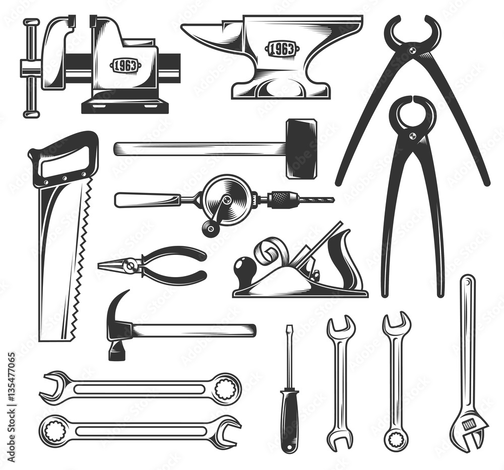 Wall mural set of the most common working tools - hammer, screwdriver, wrench, pliers and so on. vector monochr