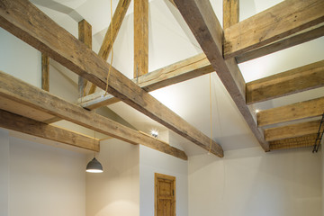 Wooden interior design. Wooden beams and floor to ceiling as a d