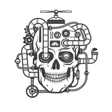 Steampunk cyborg skull with integrated devices. Monochrome vector illustration.