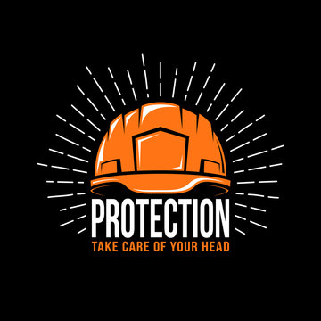 Logo with a working helmet, sunburst and the word protection on a black background. Vector illustration.